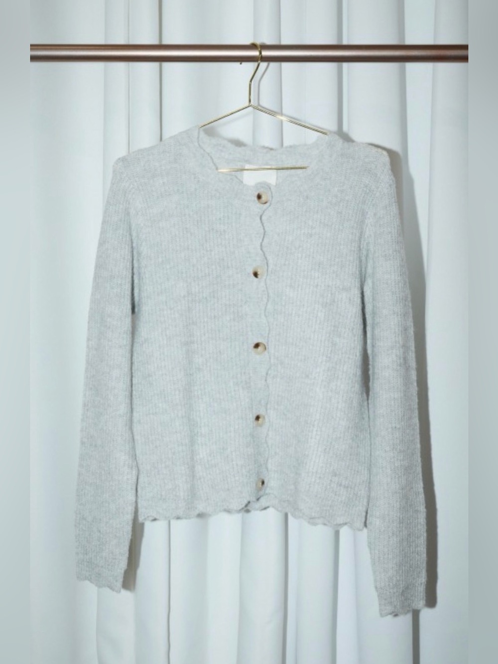 181 Light Gray scallop Button Cardigan Sweater